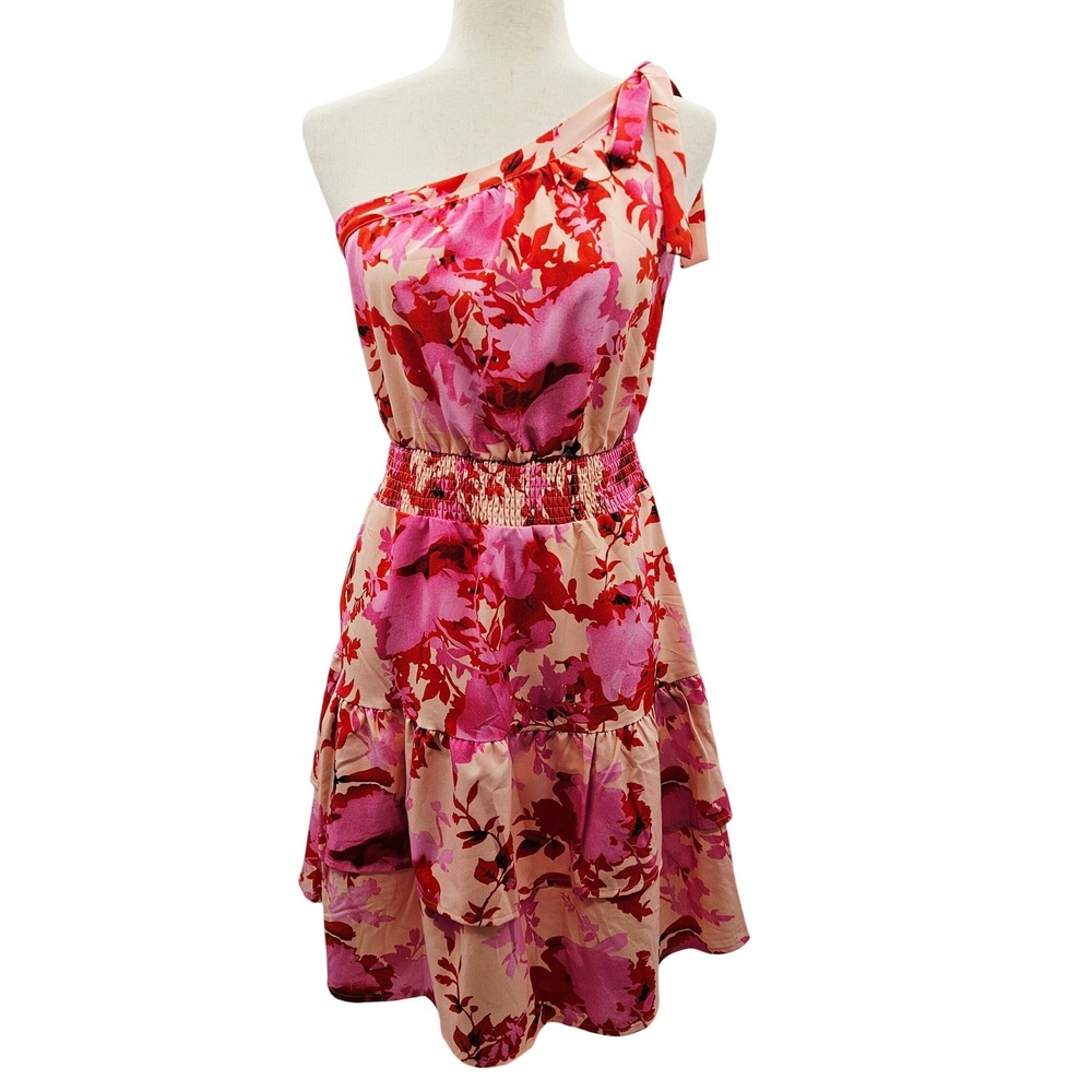 PrettyGarden Pink Floral One Shoulder Tiered Ruffle Mini Dress Small NWT
